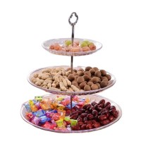 Wholesale cheap buffet fast food dessert service 3 tier glass charger plate serving tray for cup cake with metal holder